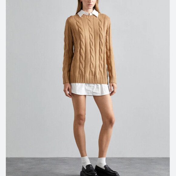 NWT STAUD Aldrin Sweater Shirt Mini Dress Medium Camel/White - Picture 2 of 10